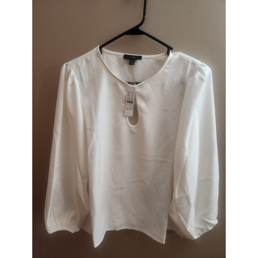 J. Crew Keyhole Puff Sleeve Drapey Crepe Blouse Top Creme Size LP PL Petite NWT